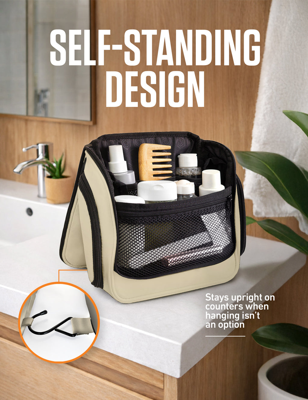 Beige hanging toiletry bag with front mesh pocket and top hanging loop