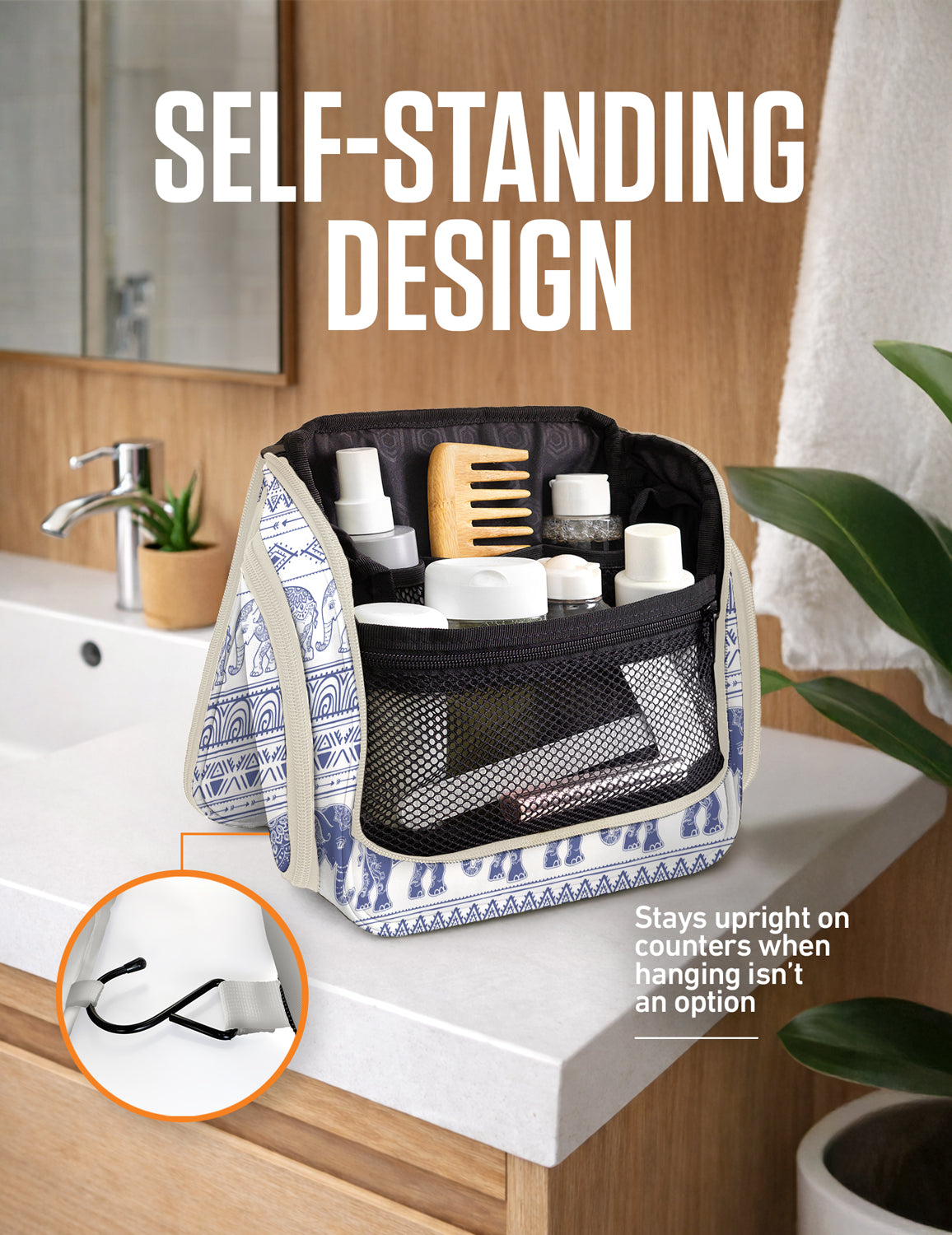 Self-standing hanging toiletry bag with top hook and mesh front organizer