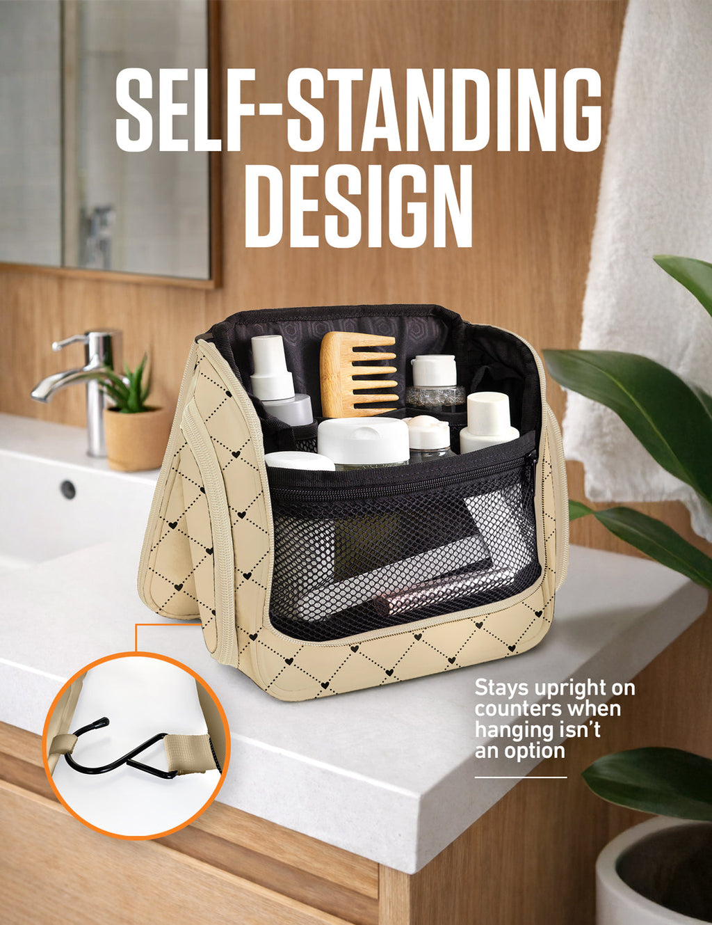 Standing hanging toiletry bag with hook and mesh organizer pockets, beige color