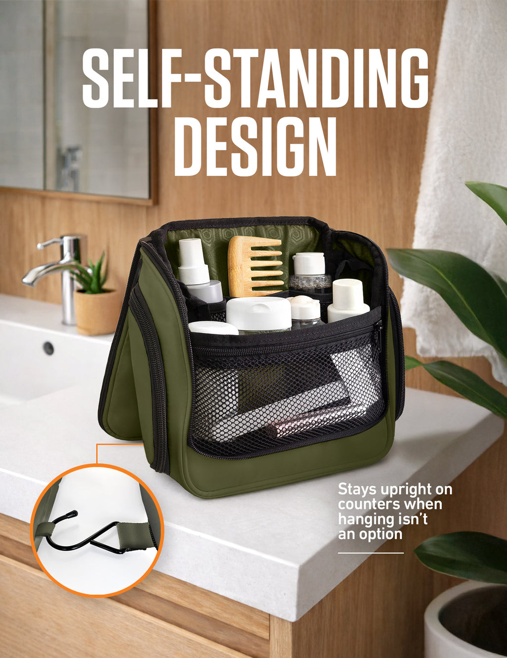 Olive green toiletry bag with self-standing design and mesh front organizer pocket