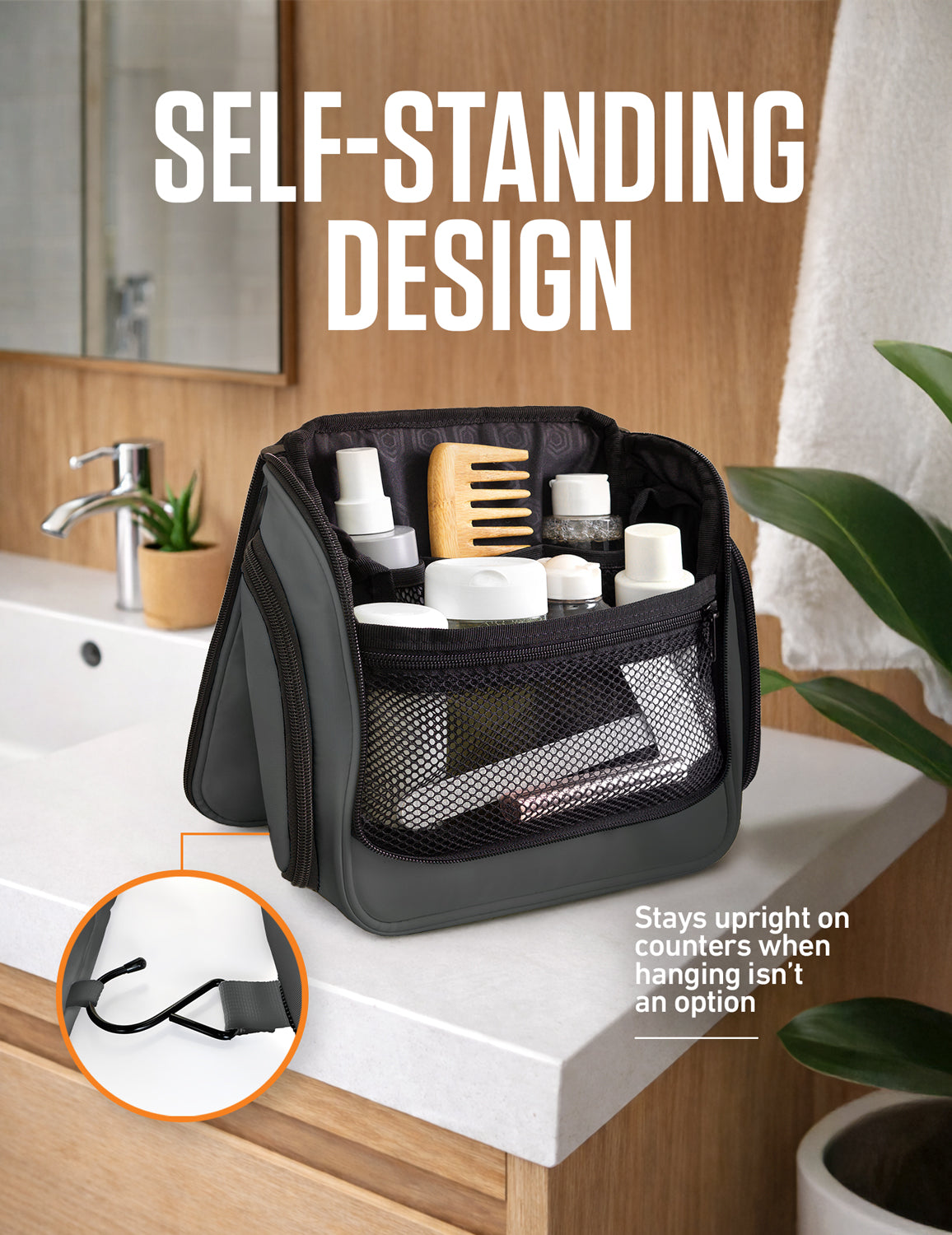 Hanging travel toiletry bag, dark olive/black mesh front pocket, self-standing design