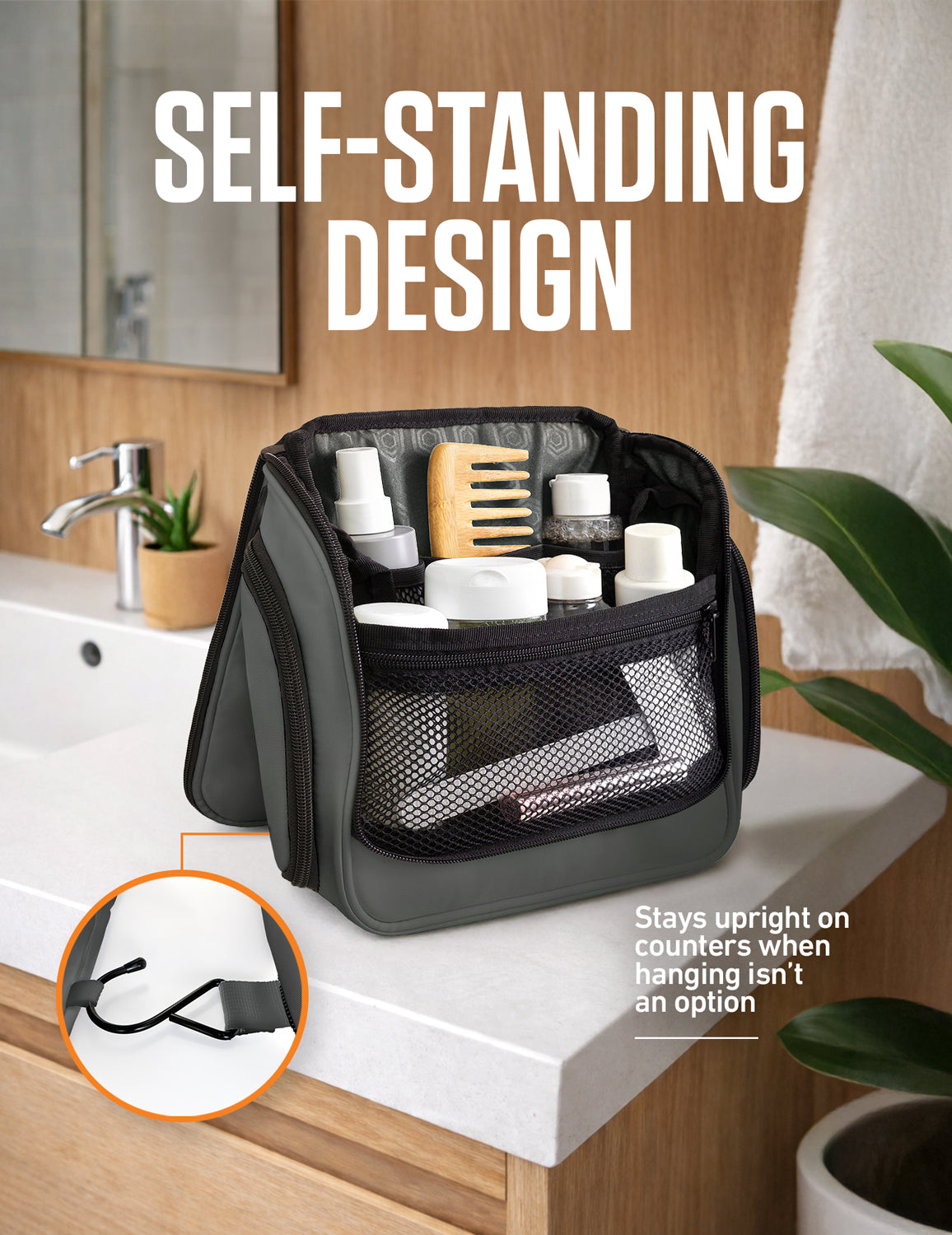 Black self-standing hanging toiletry bag with front mesh pocket