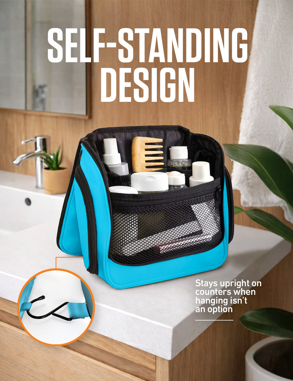 Self-standing hanging toiletry bag with blue sides and mesh front storage panel