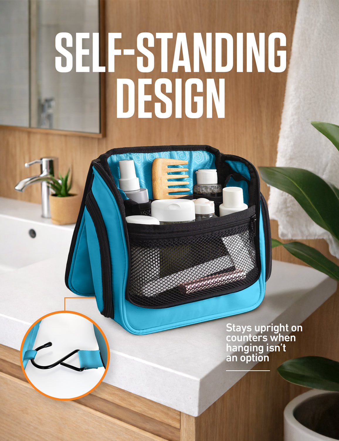 Blue travel toiletry bag with self-standing design and front mesh pocket organizer