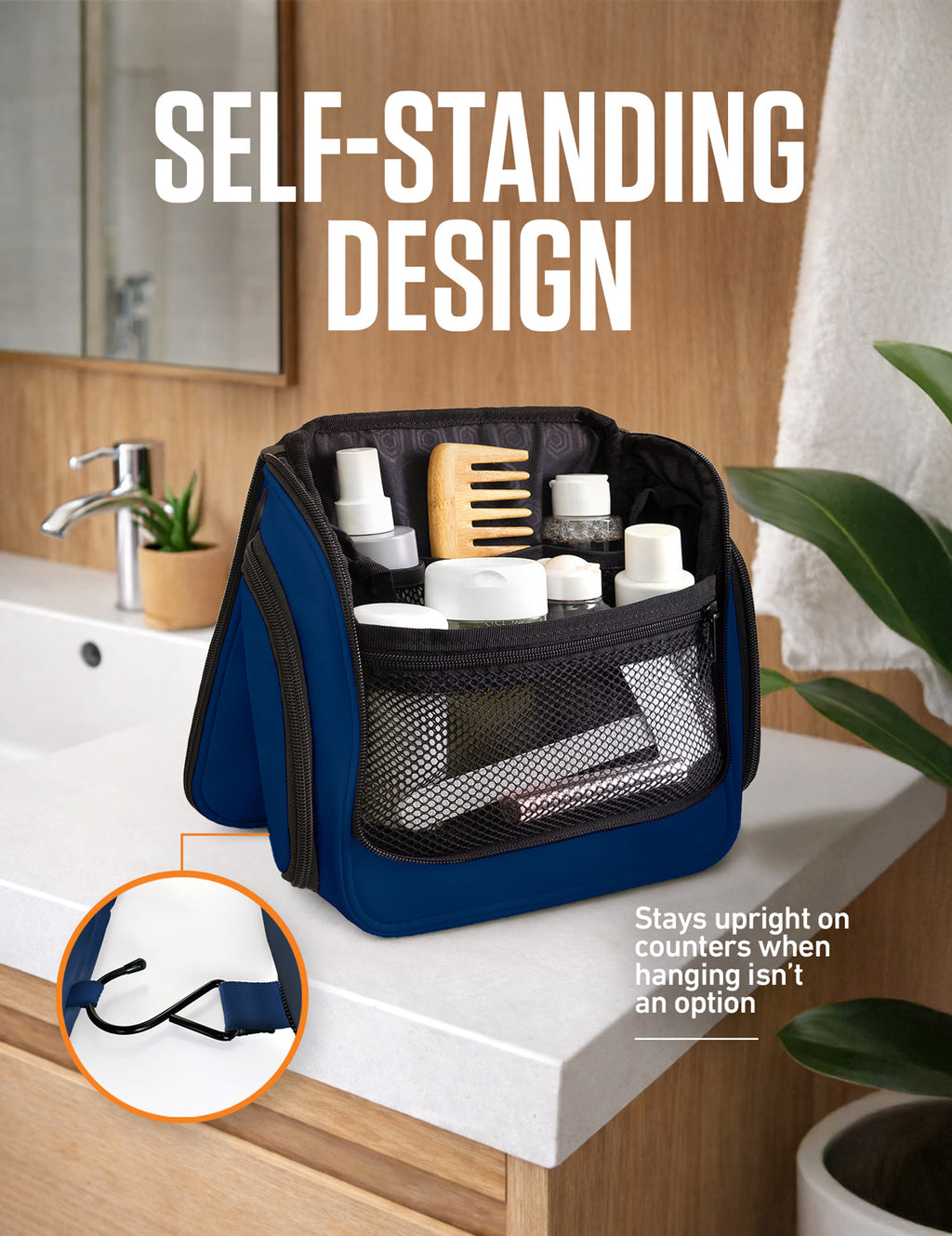 Blue self-standing toiletry bag with mesh storage panel and internal bottles