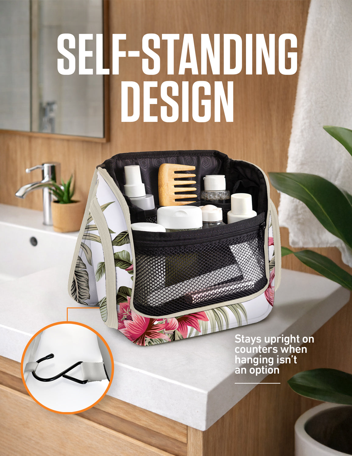 Floral self-standing hanging toiletry bag on a counter with front organizer pockets
