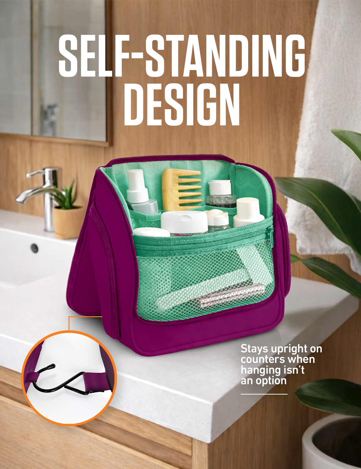 Hanging travel toiletry bag with front mesh organizer and sturdy frame, purple and green