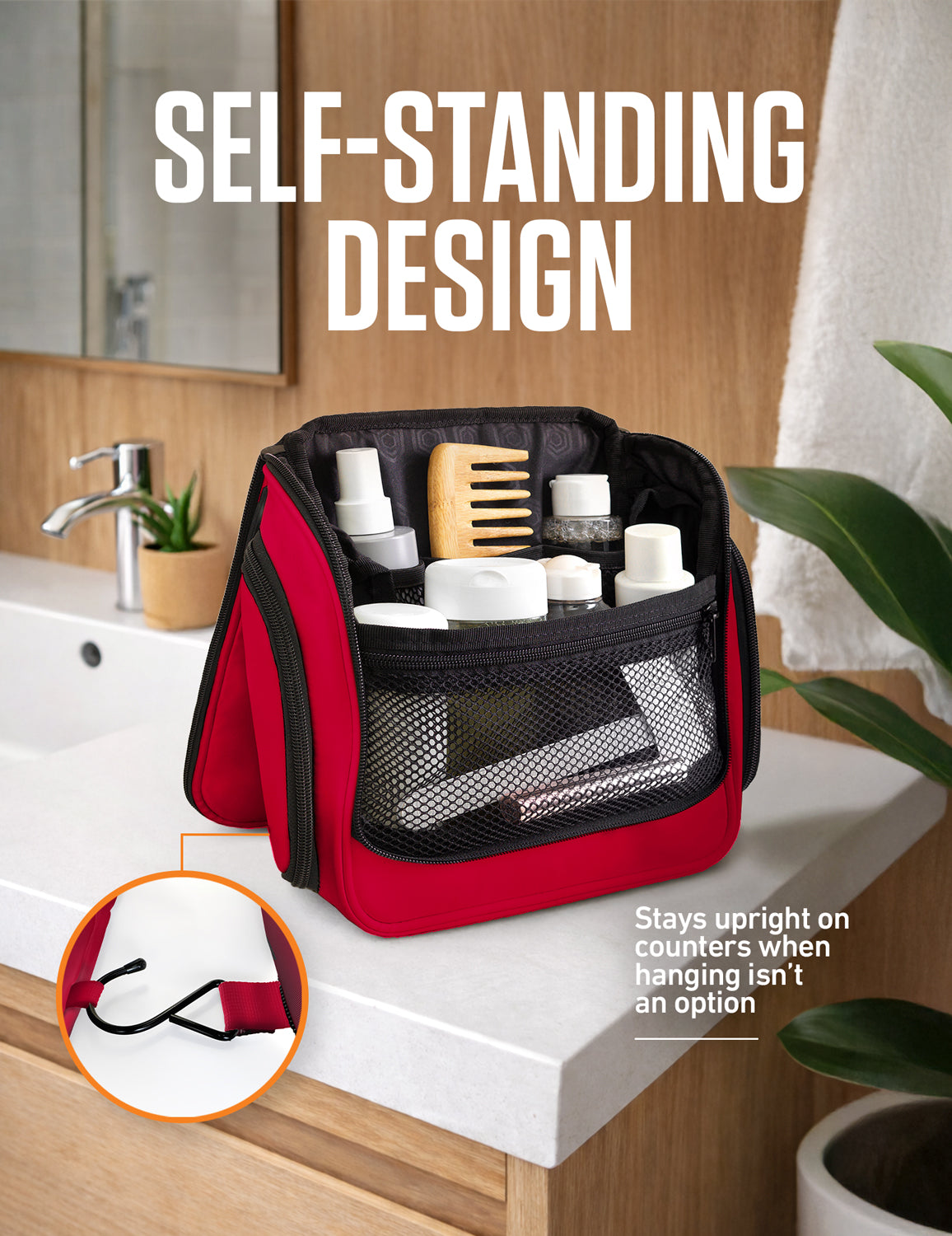 Red and black hanging toiletry bag with mesh front storage and side hanging hook