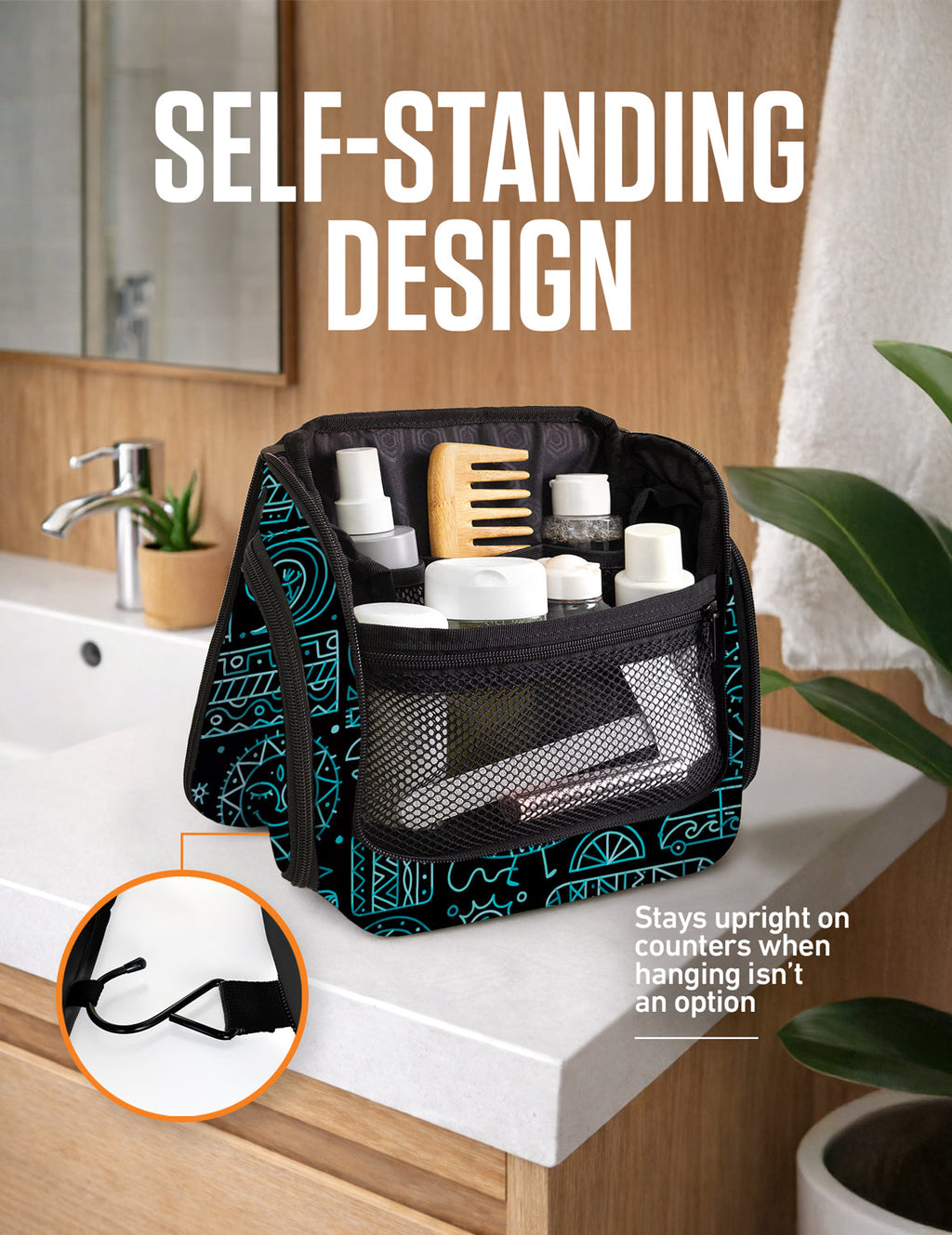 Teal hanging toiletry bag with front mesh pocket and top carry handle