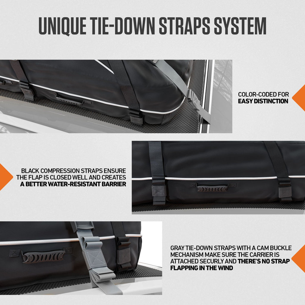 Rooftop cargo carrier tie-down straps system with compression straps and cam buckles
