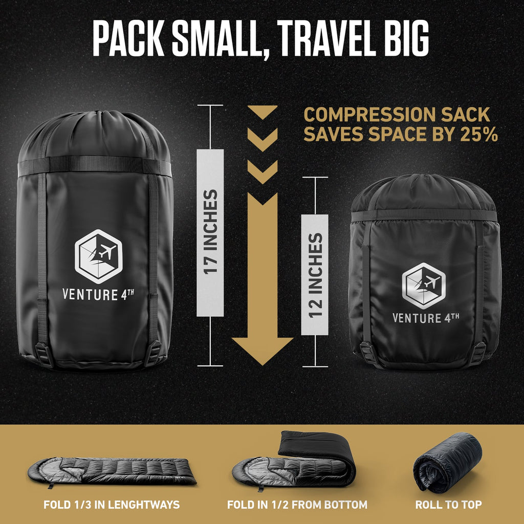 XXL sleeping bag with compression sack, black top and storage bag shown