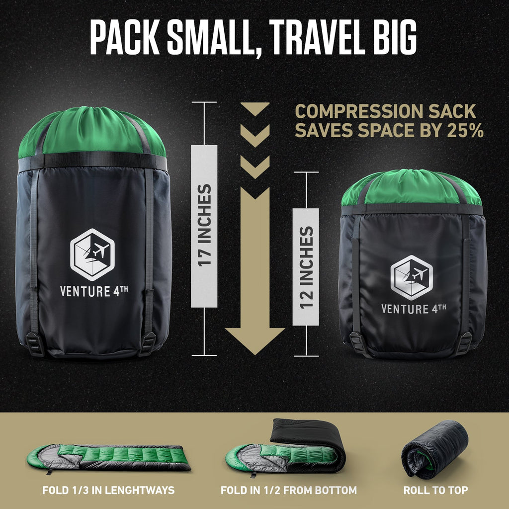 Venture 4th big and tall sleeping bag with compression sack, green and black