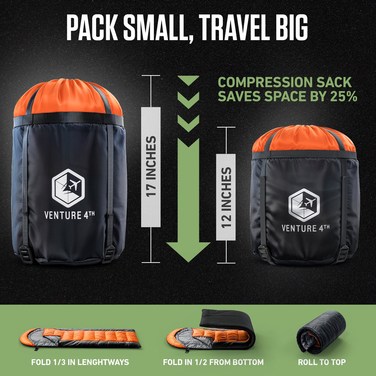 Orange and black sleeping bag with compression sack for compact travel storage