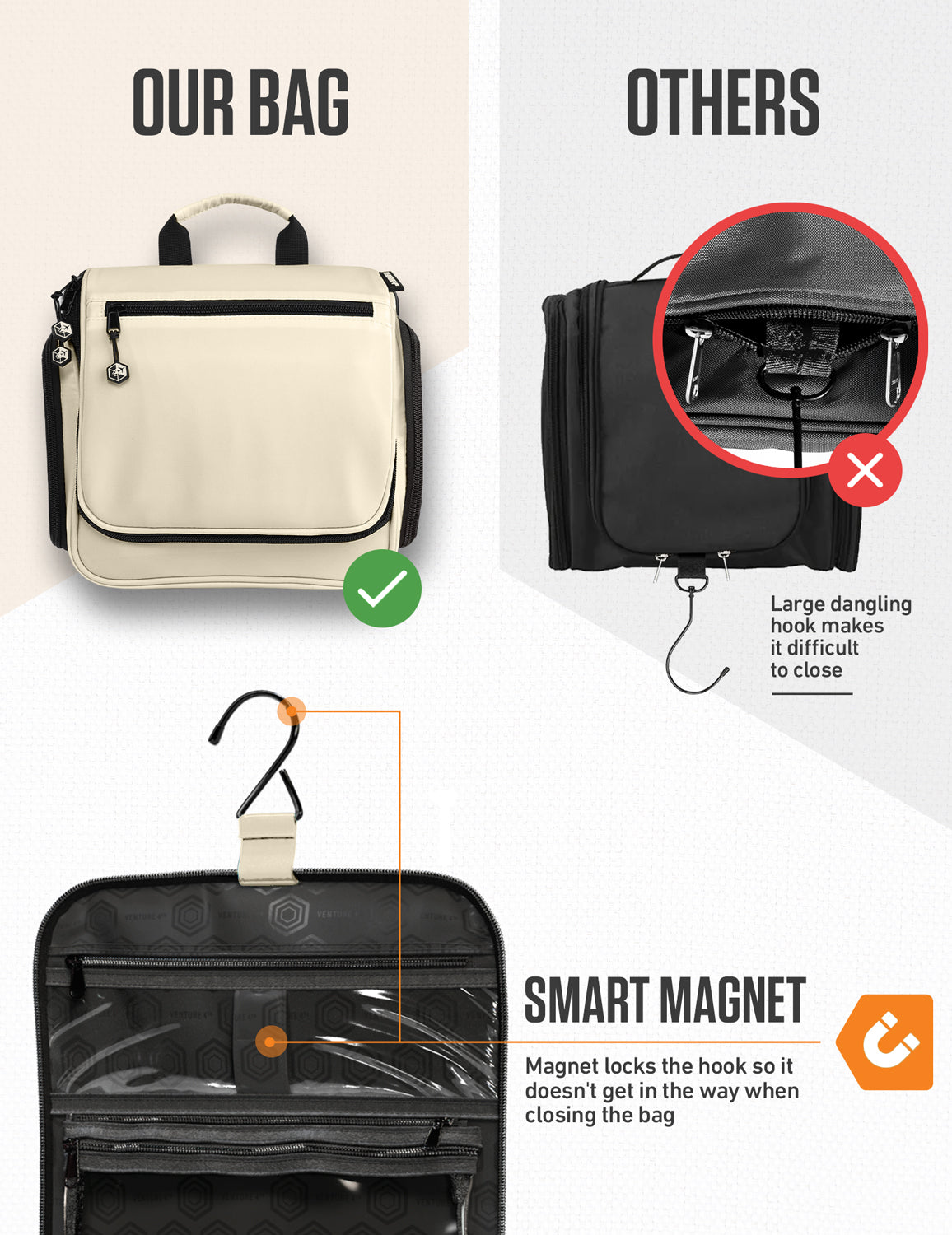 Beige hanging toiletry bag with secure hook and smart magnet closure