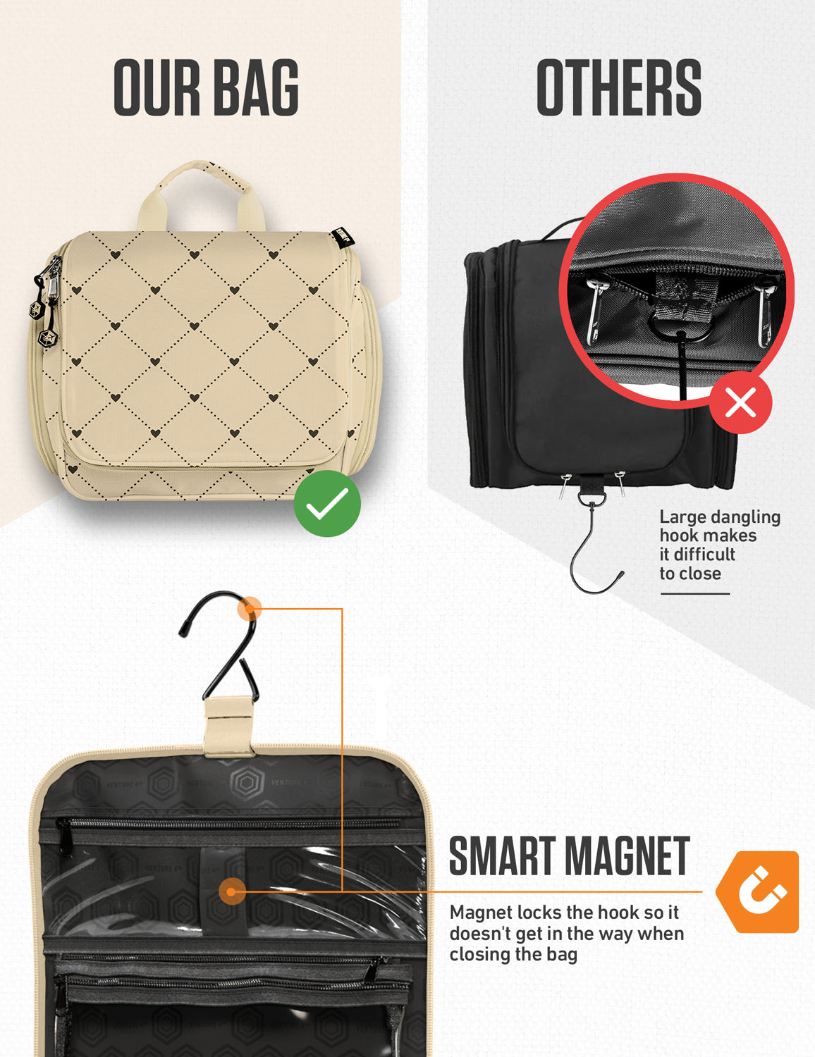 Beige hanging toiletry bag with quilted pattern, hook, and zip-front organizer pockets