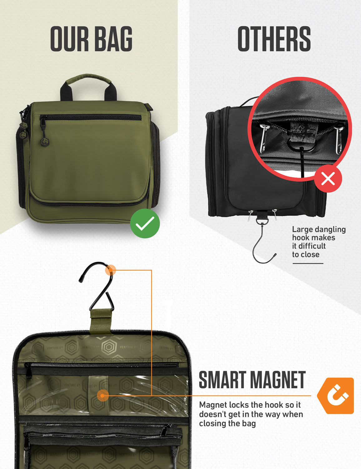 Olive green hanging toiletry bag with secure smart magnet closure and top carrying handle