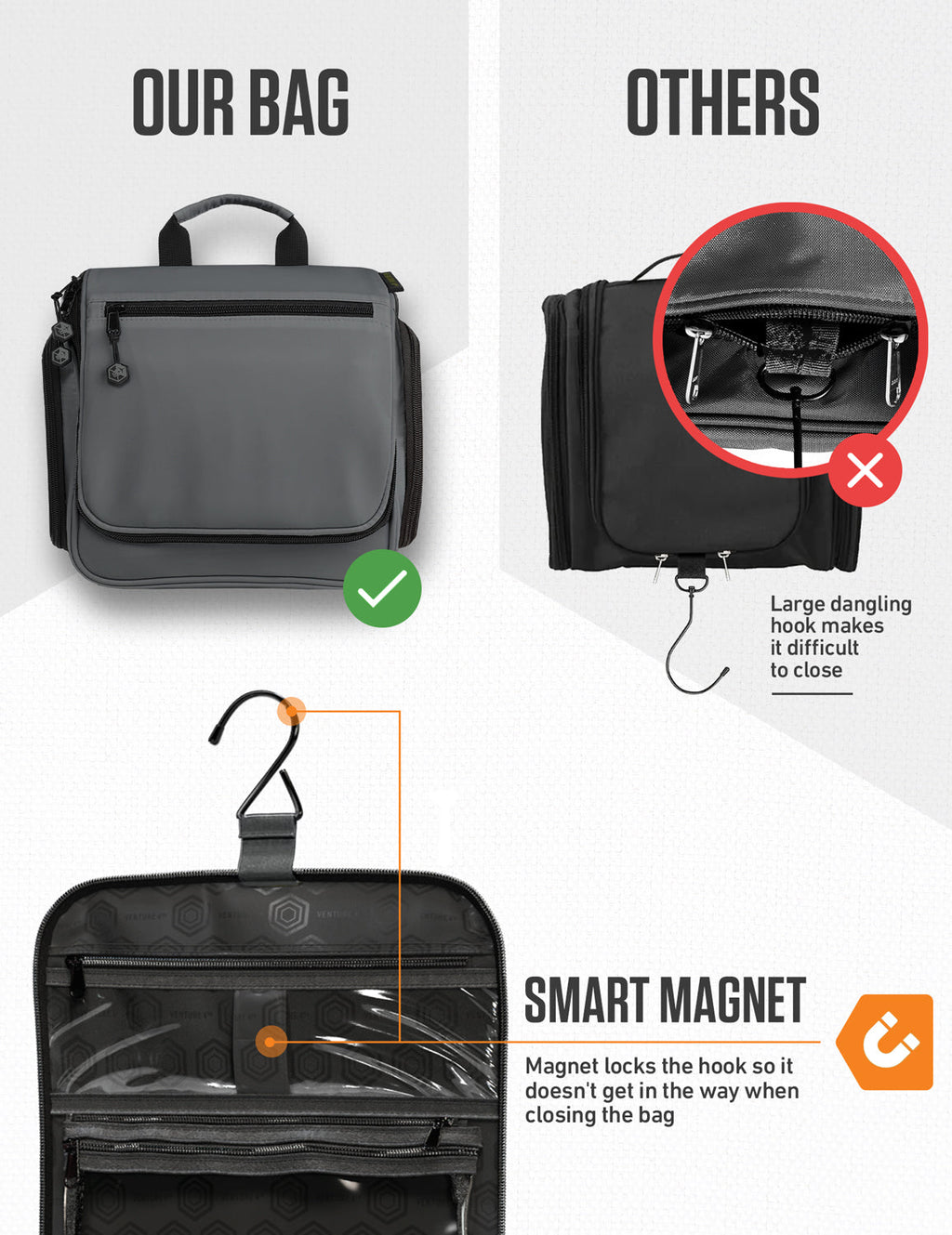 Hanging toiletry bag with top handle and zipped front pocket, black, open front