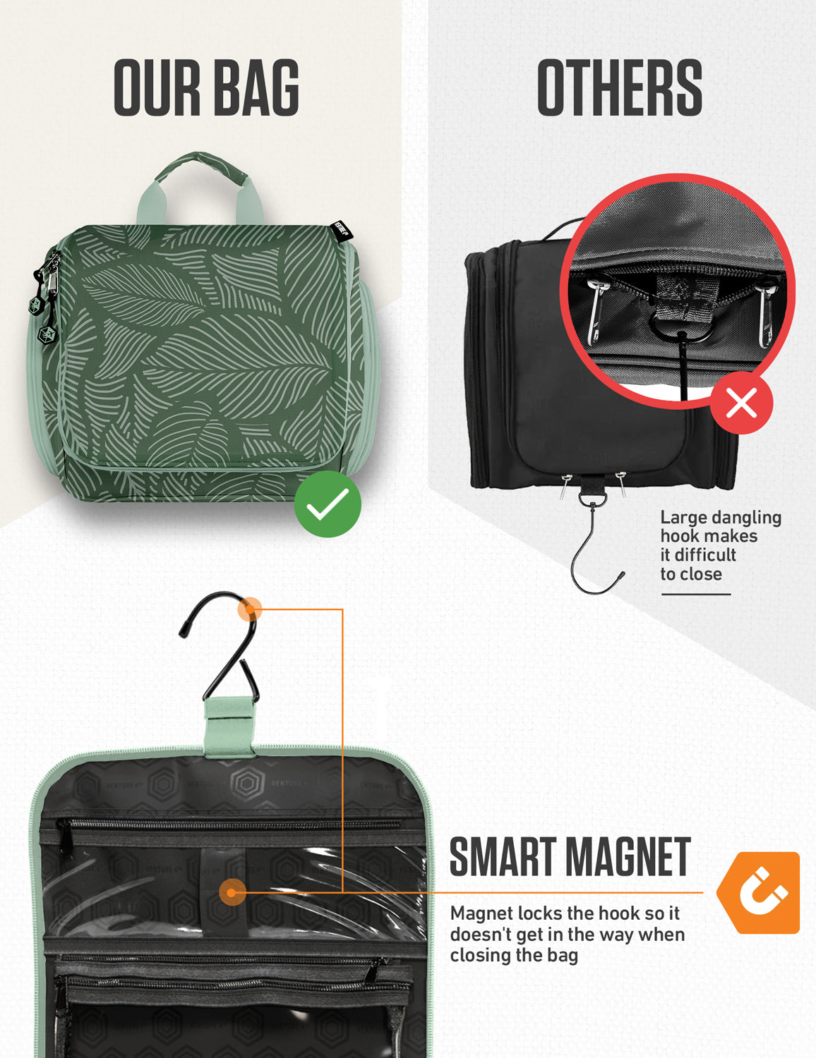 Green leaf-pattern hanging travel toiletry bag with secure hook and front zip opening.