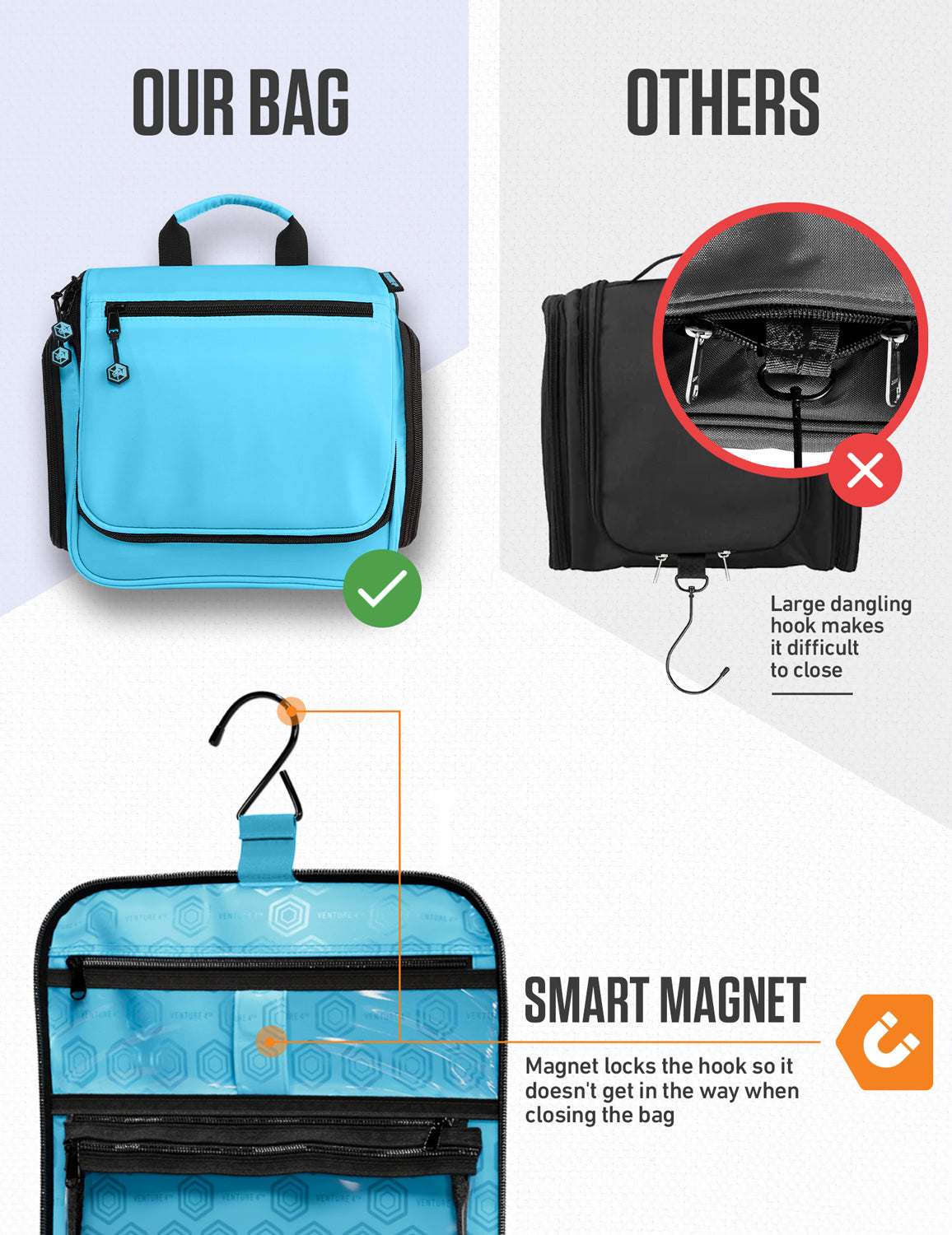 Blue hanging travel toiletry bag with wide top panel and hook closure design