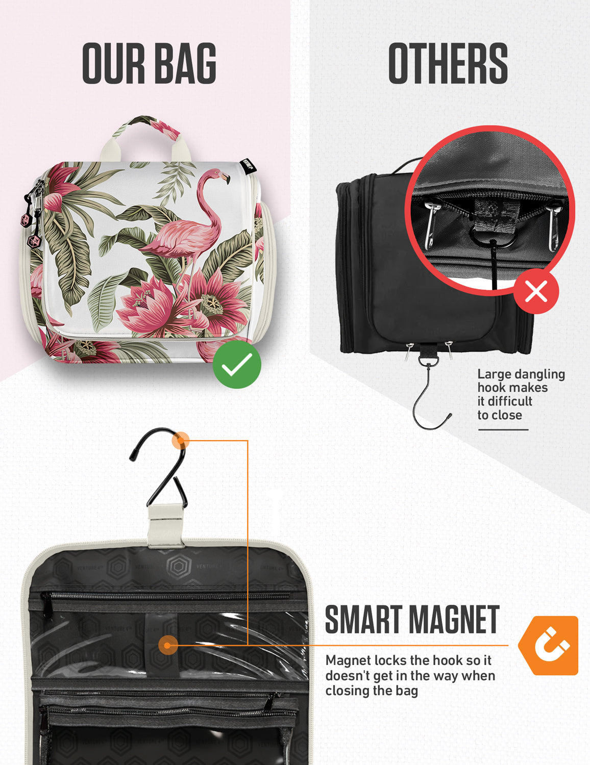Floral hanging toiletry bag with zip compartments and mesh pocket front