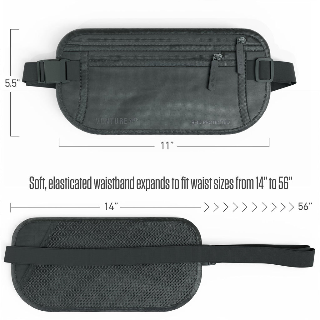 RFID travel money belt, dark gray pouch with dimensions and textured mesh panel