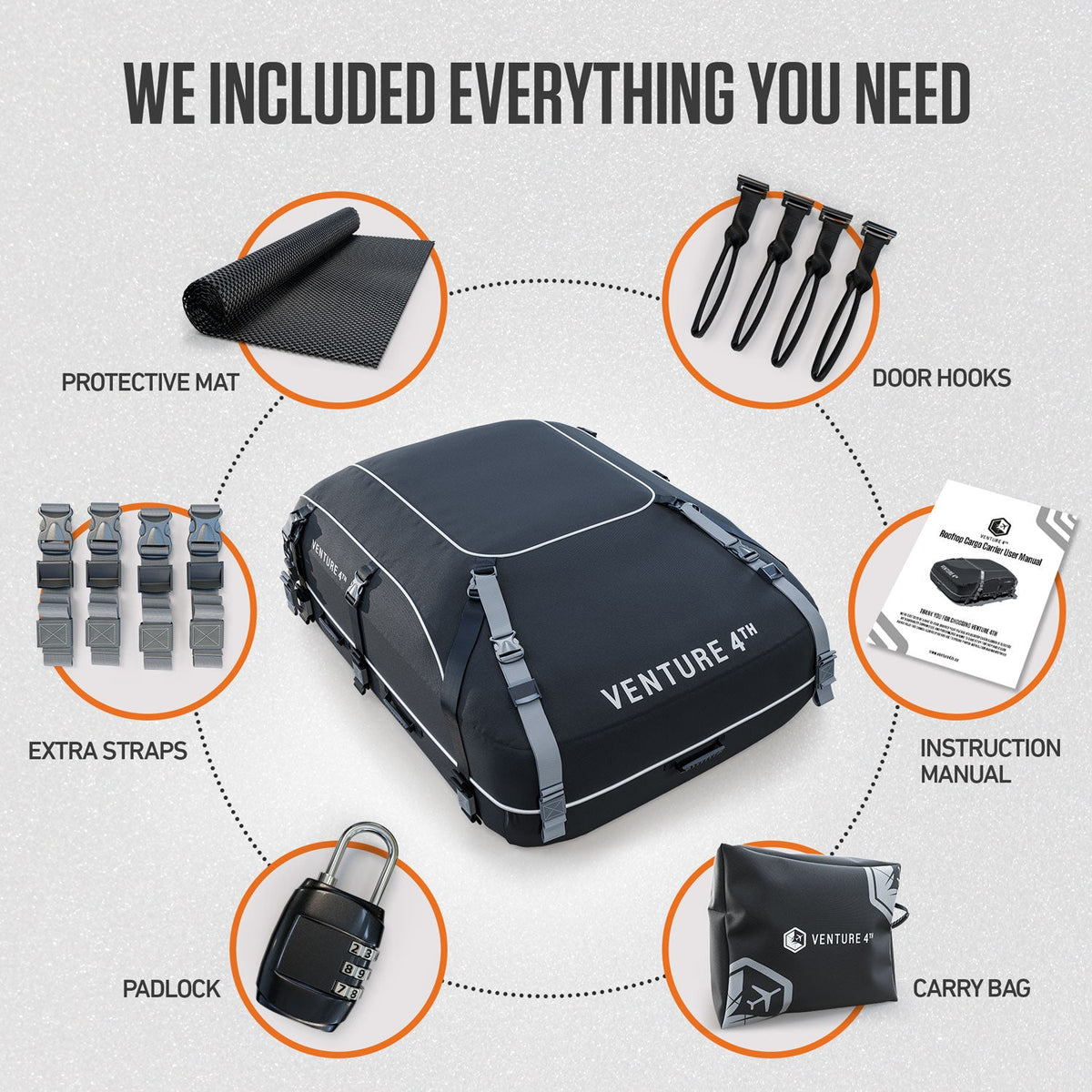 Rooftop cargo carrier kit with protective mat, extra straps, padlock, and carry bag