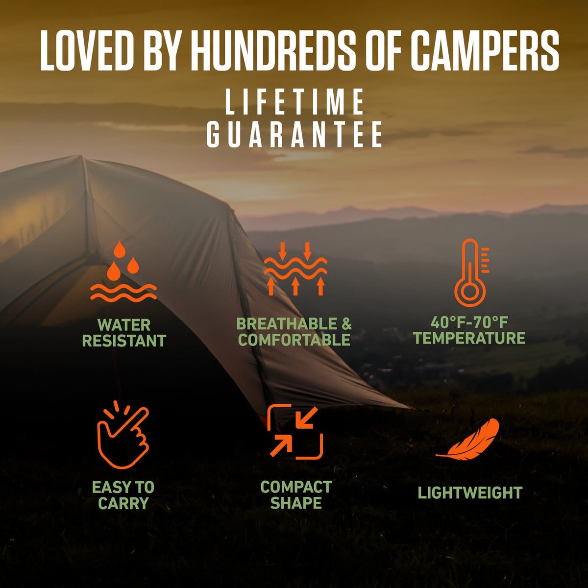 Lightweight sleeping bag with compact shape and temperature icons promotional graphic
