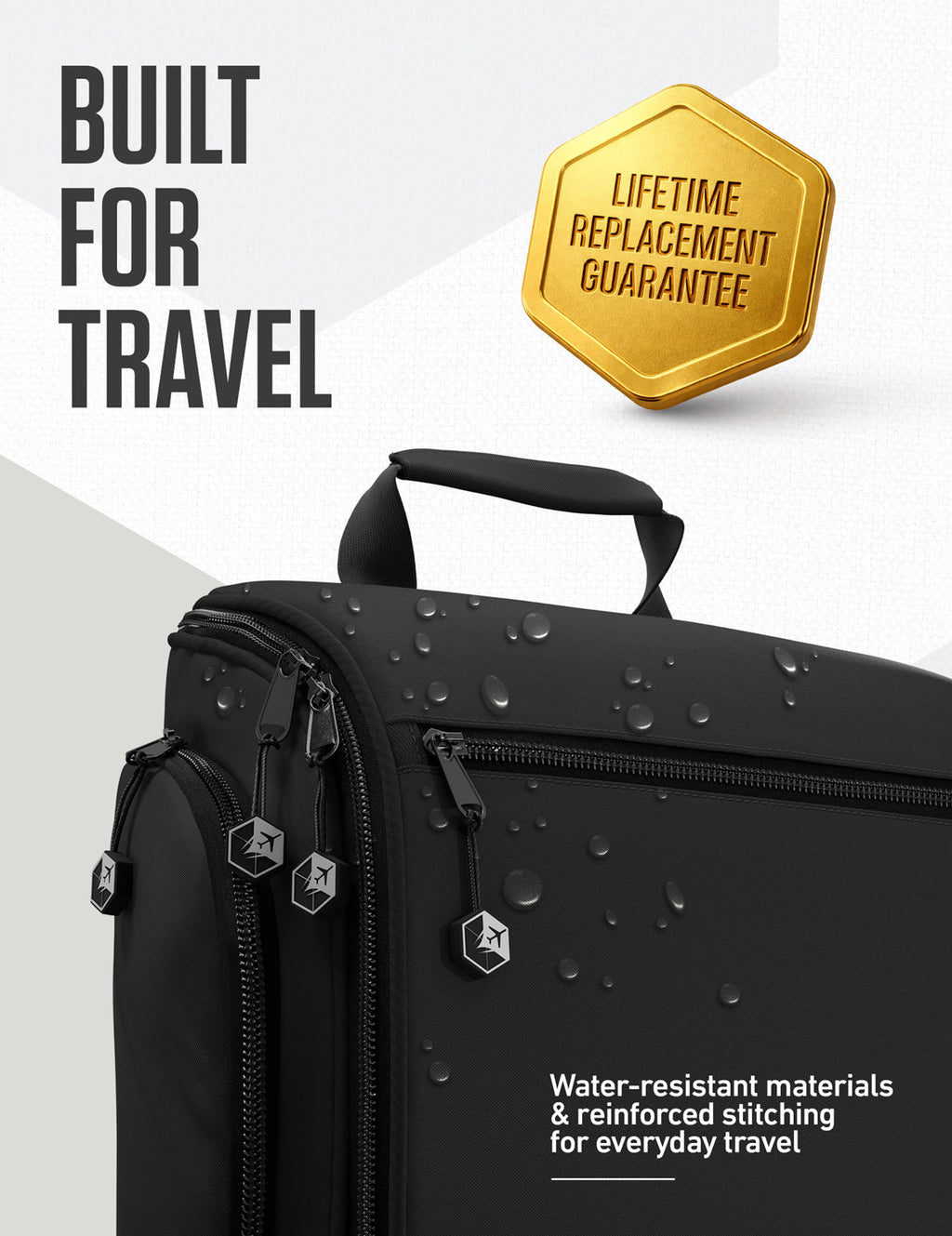 Black travel toiletry bag with thick strap, top handle, and water-resistant fabric