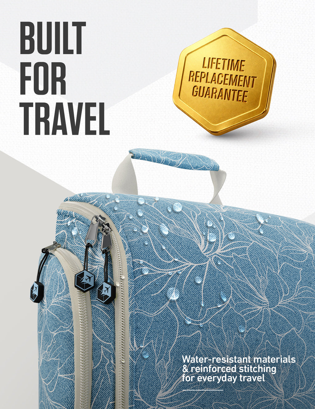 Blue floral travel toiletry bag with zip closure and hanging loop strap