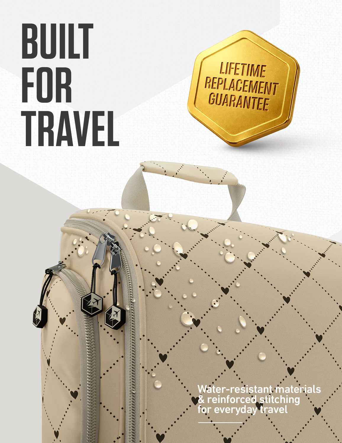 Beige hanging toiletry bag with quilted diamond design and pearl-studded accents