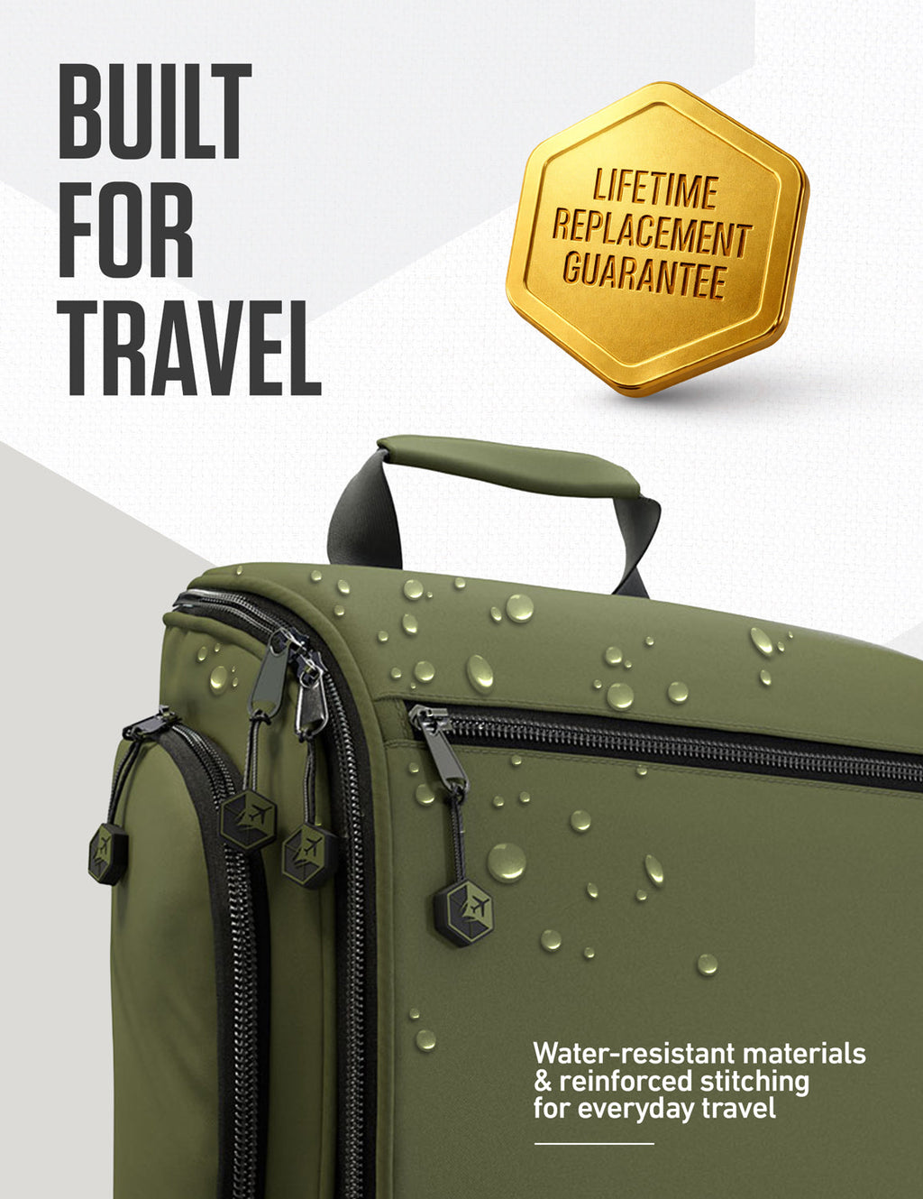 Olive green hanging toiletry bag with water-resistant fabric and textured strap details