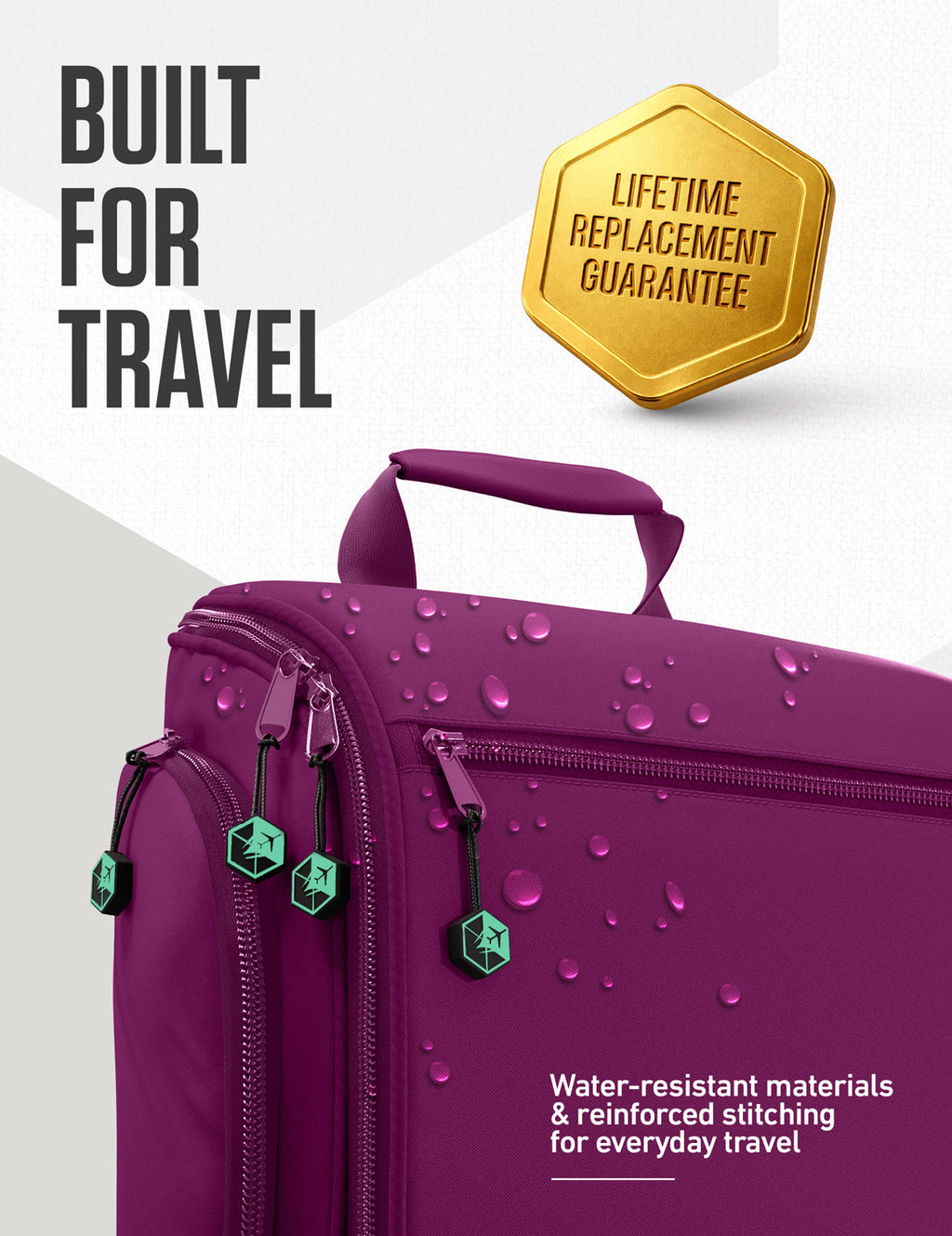 Water-resistant hanging travel toiletry bag with double zippers, purple bag with teal details