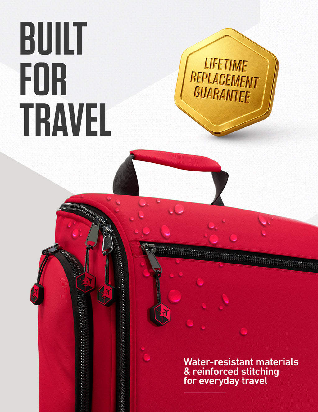 Red hanging travel toiletry bag with water droplets texture and hanging strap