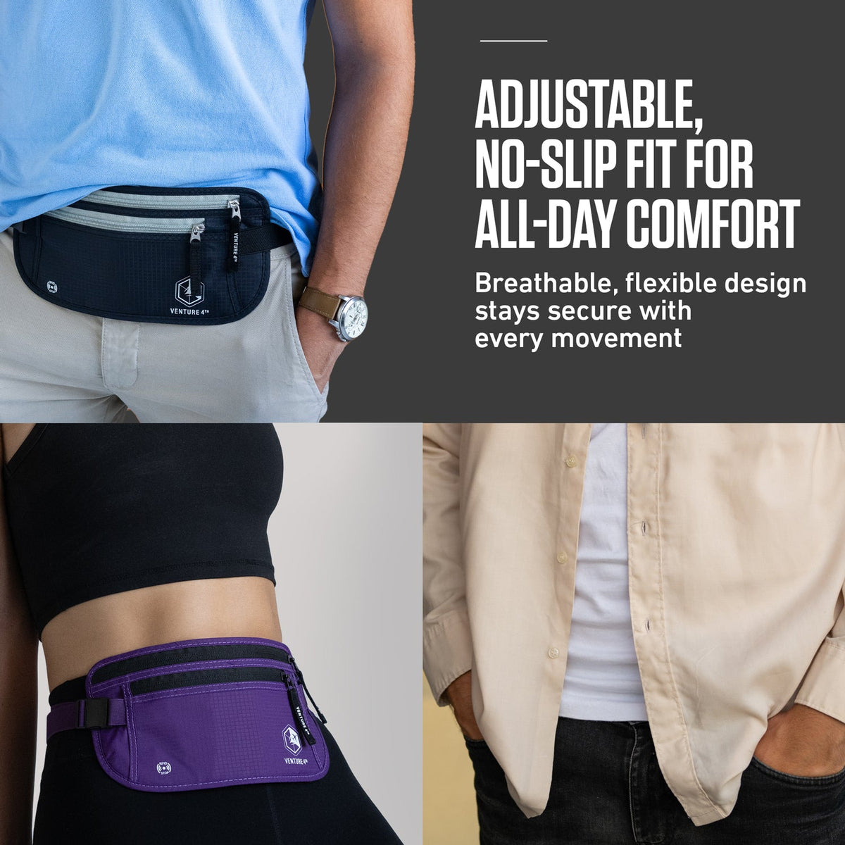 Adjustable money belts at waist: dark blue and purple with breathable flexible design