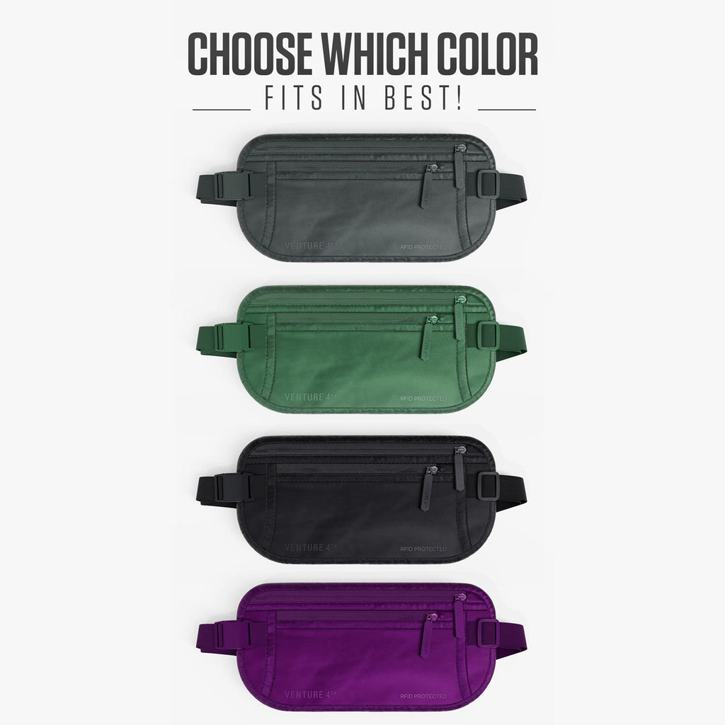Waist money belt color options: gray, green, black, and purple, RFID zip pouches