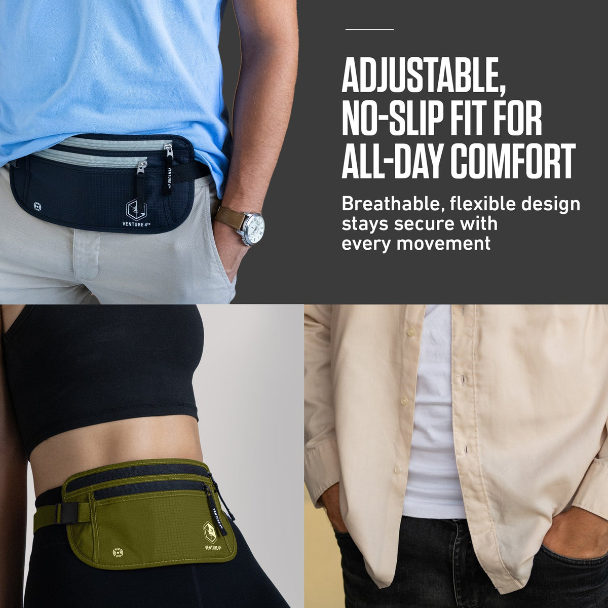 RFID safe money belt worn at waist, green with adjustable strap and zip compartments