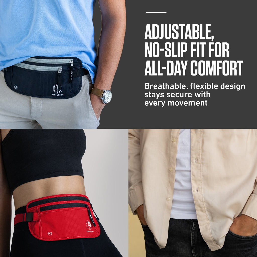RFID waist money belt worn at hip with zipper pockets and adjustable strap