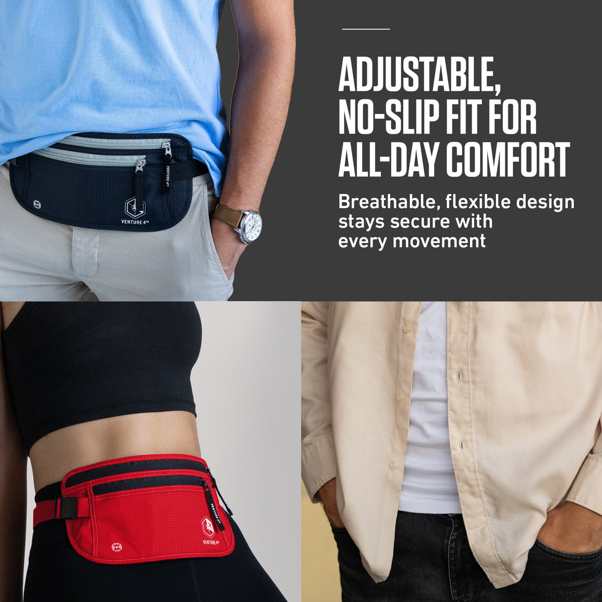 RFID waist money belt worn at hip with zipper pockets and adjustable strap