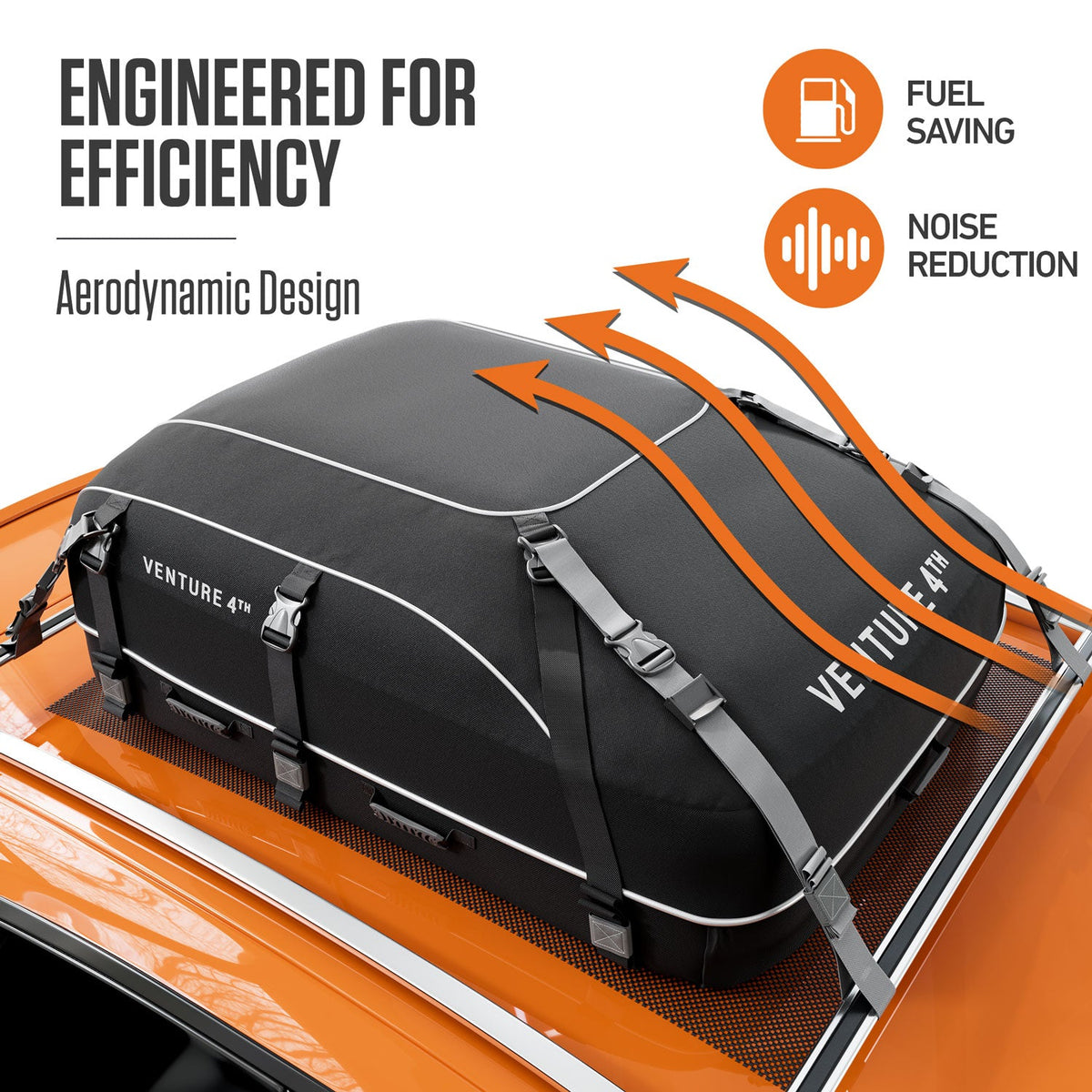 Black rooftop cargo carrier bag secured to roof rack with aerodynamic side profile