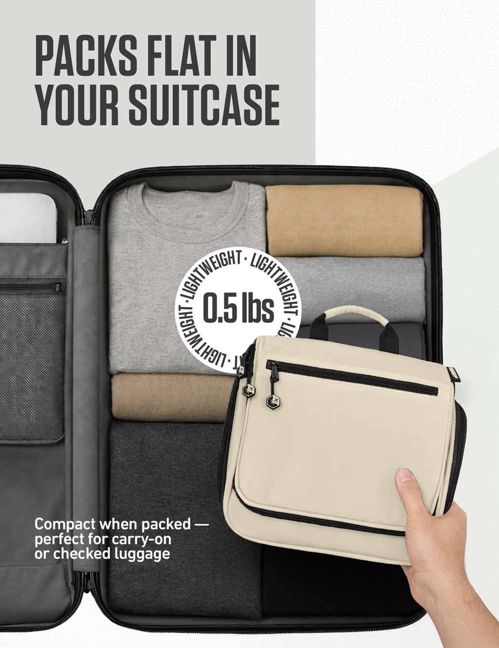 Gray hanging toiletry bag packed flat in a suitcase with small crossbody handle
