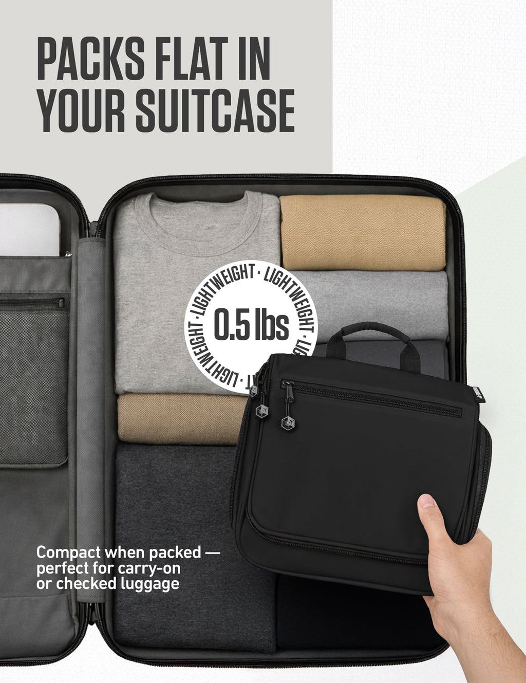 Compact black hanging toiletry bag packed flat for travel storage