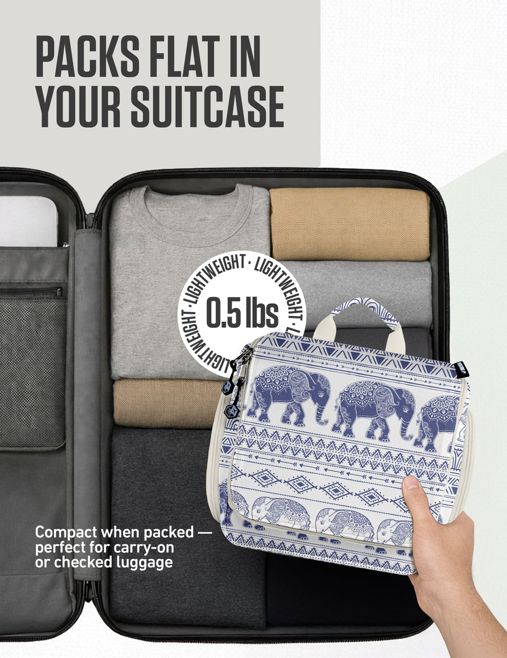 Hanging toiletry bag packed flat, compact with zippered opening and hanging hook