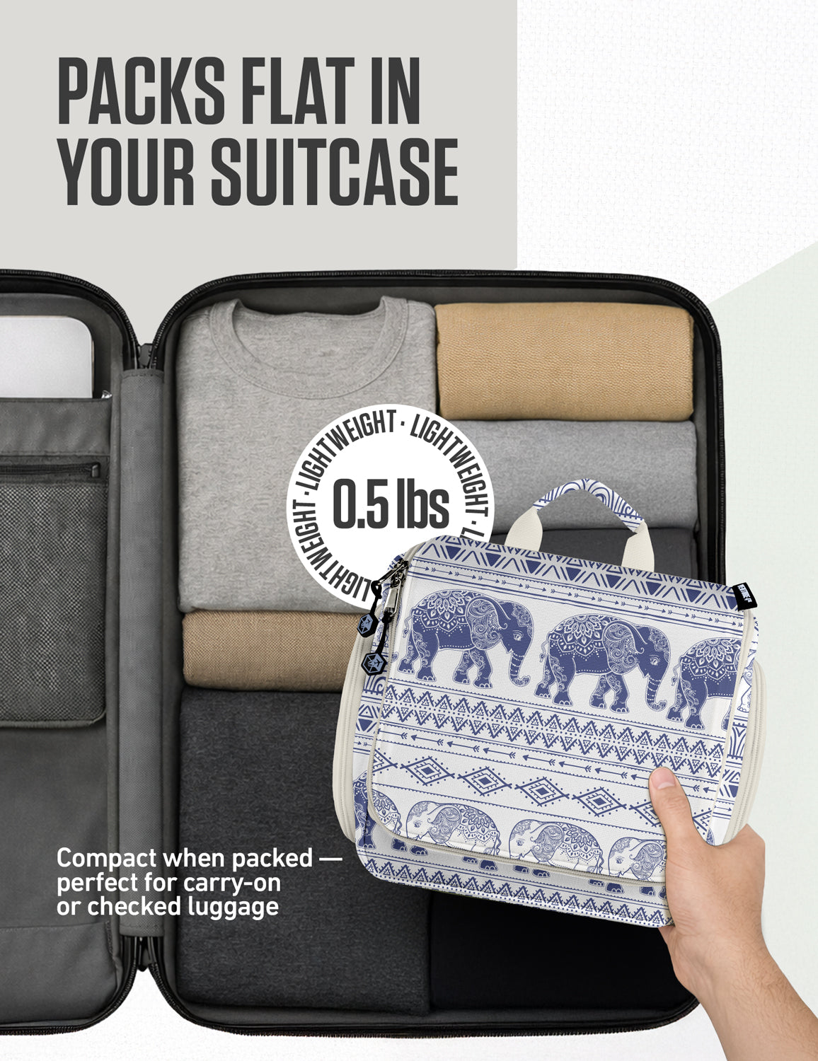 Hanging toiletry bag packed flat, compact with zippered opening and hanging hook