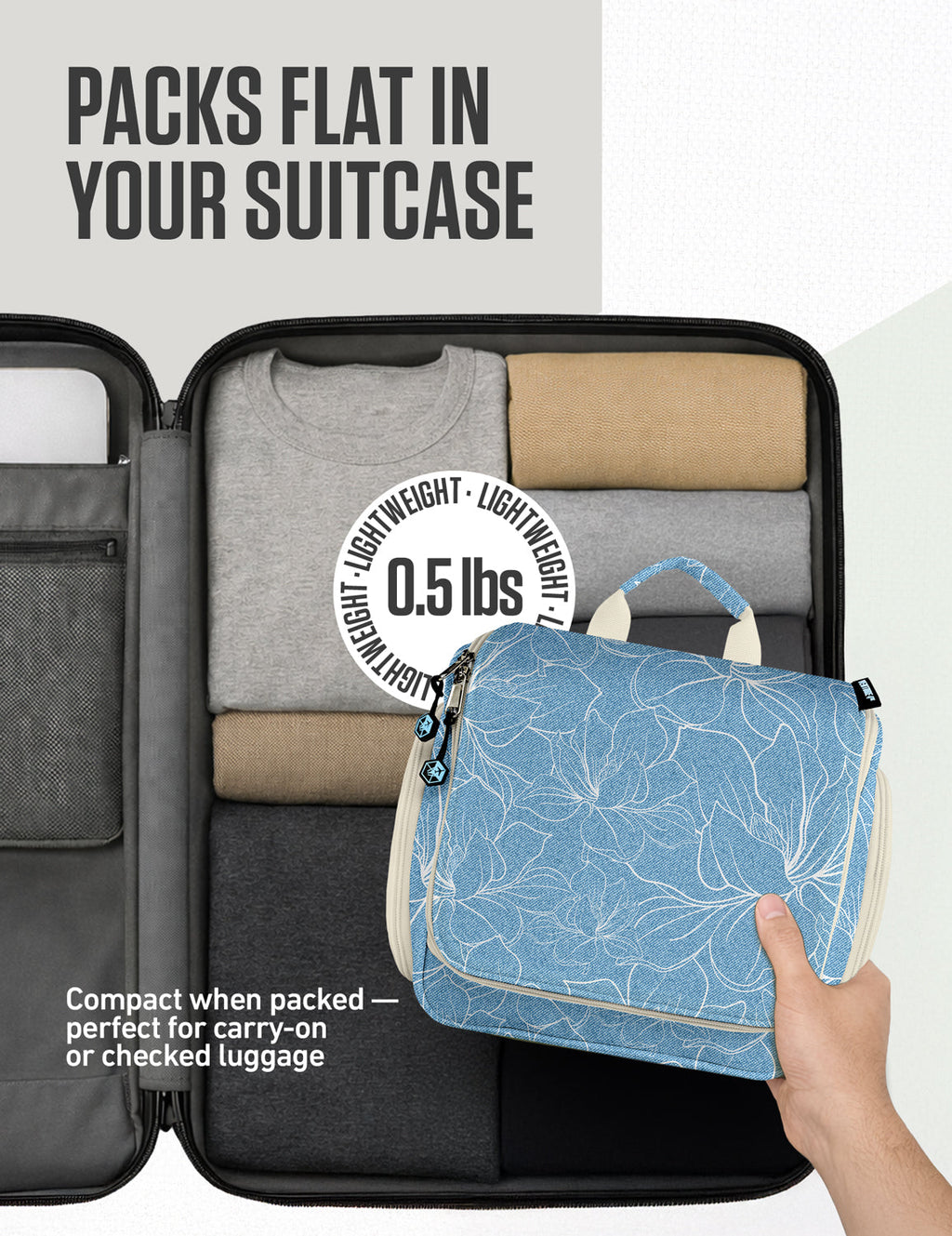 Blue floral toiletry bag for travel, compact foldable organizer for suitcase storage