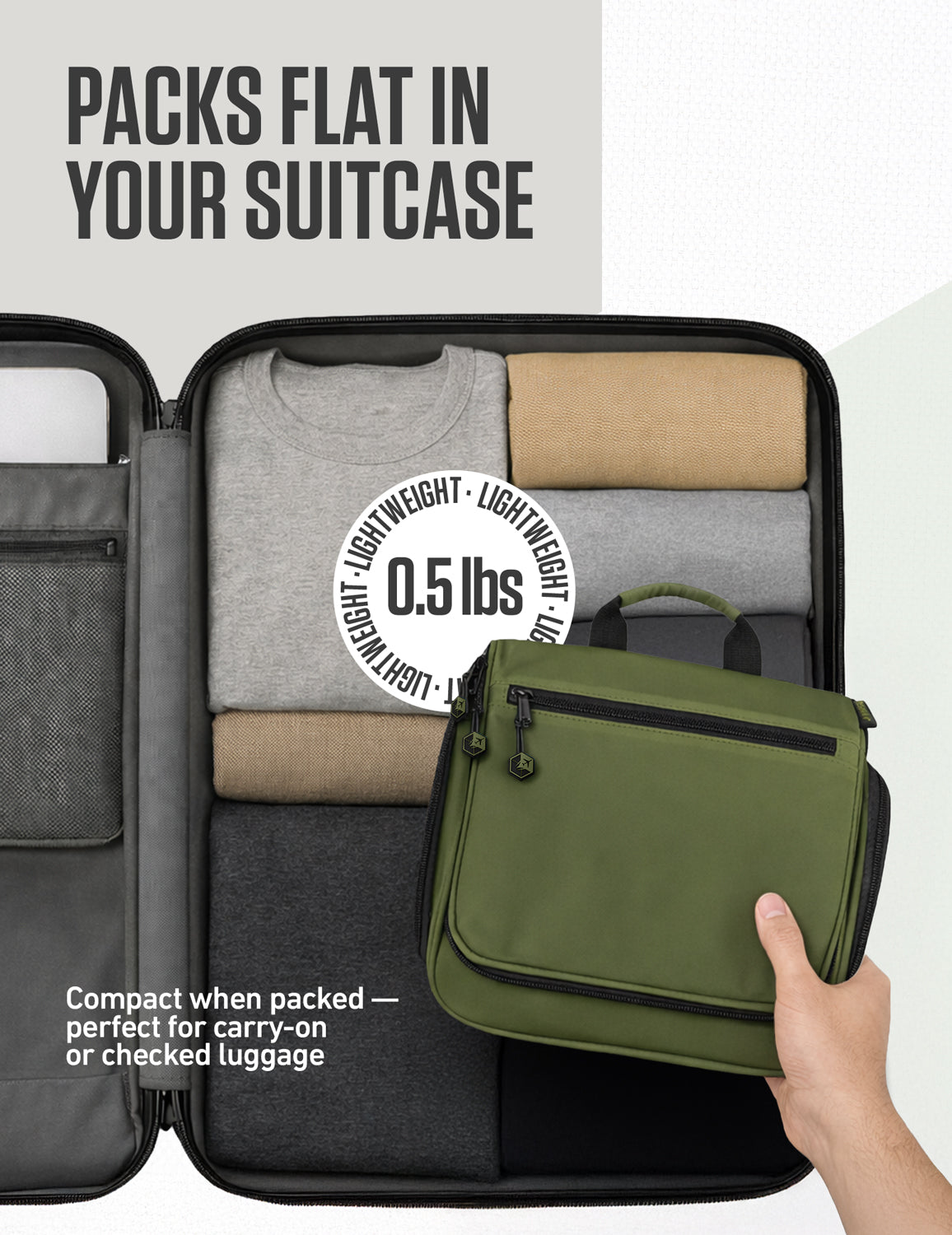 Olive green hanging travel toiletry bag with zip front panel and compact carry handle