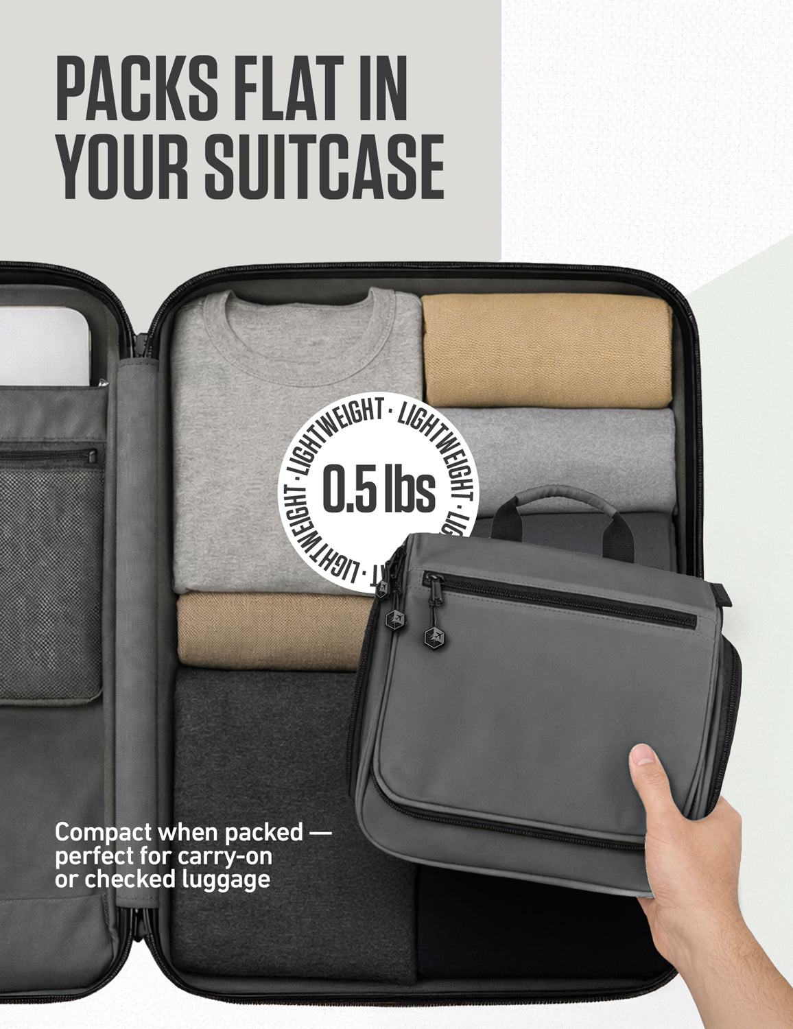Gray travel toiletry bag packed flat in suitcase, compact hanging bag with zip pocket