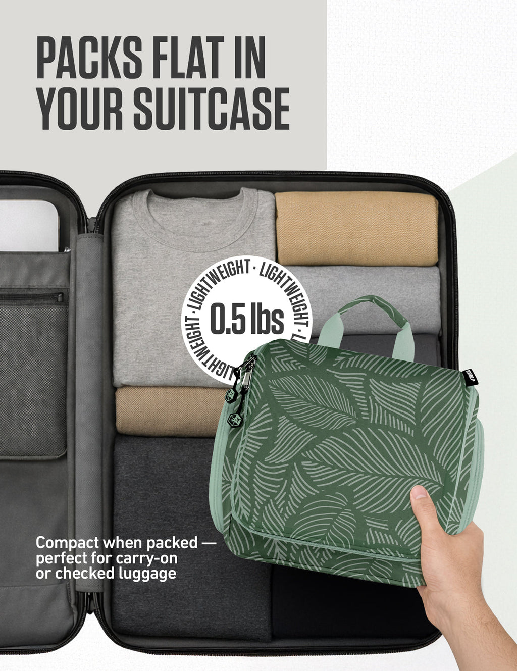 Compact hanging toiletry organizer with multiple zip pockets in green leaf design