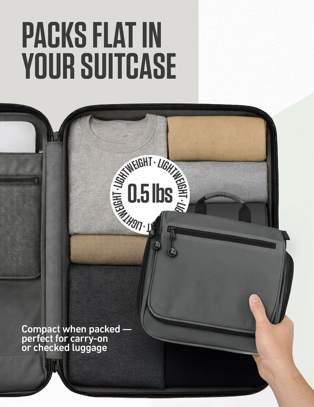 Black hanging travel toiletry bag with zip front and compact folded storage design