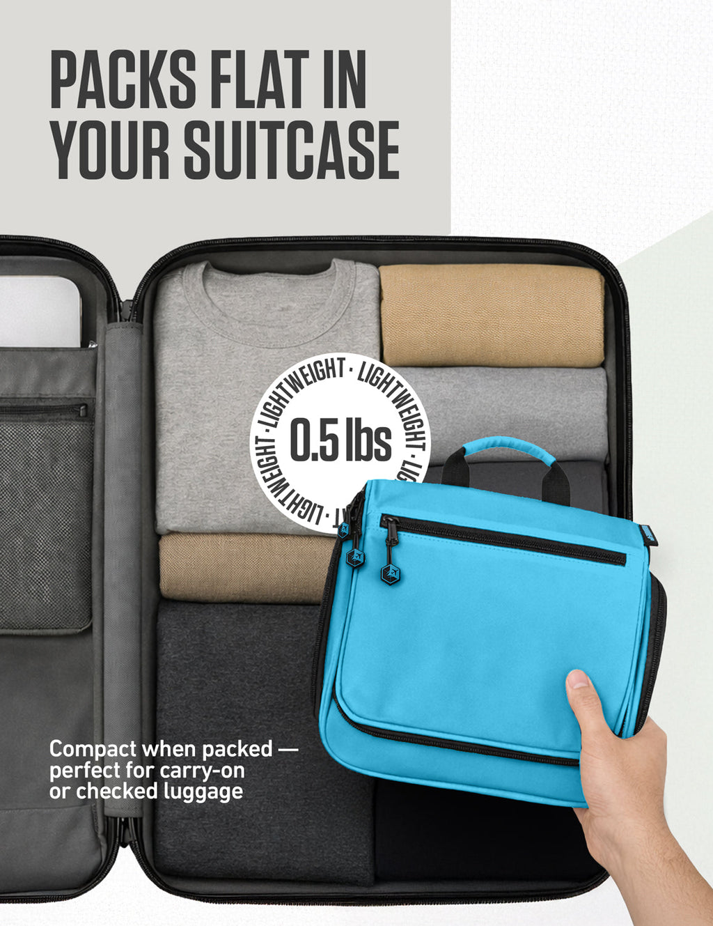 Blue hanging travel toiletry bag with zipper pocket and top carry handle