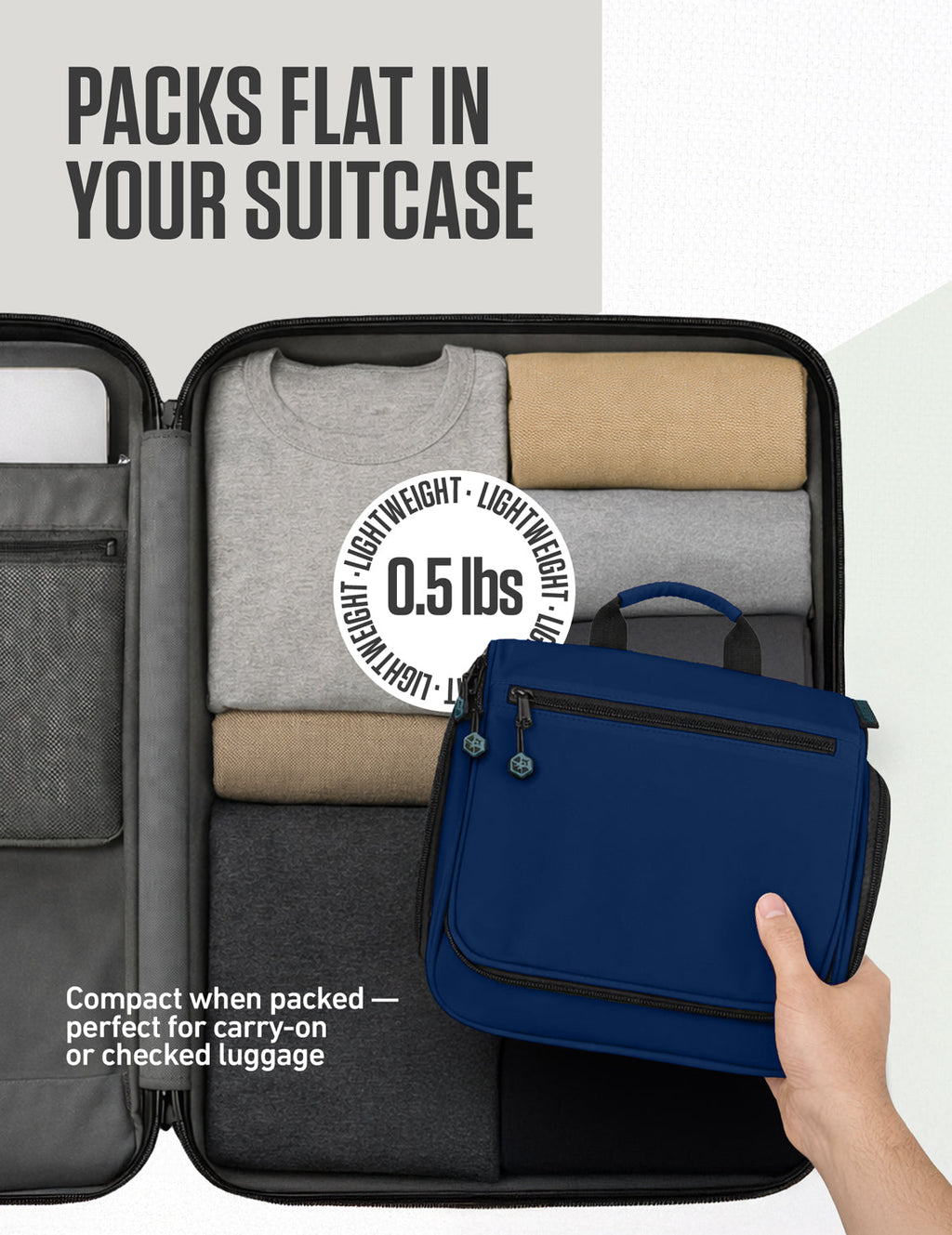 Blue hanging travel toiletry bag compact for suitcase packing with top handle